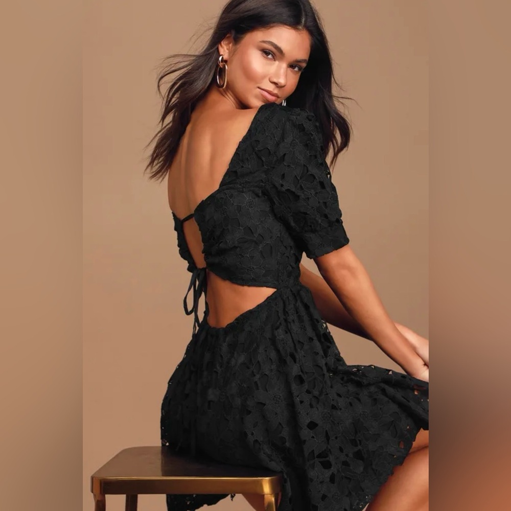 For a moment black lace cutout mini skater dress